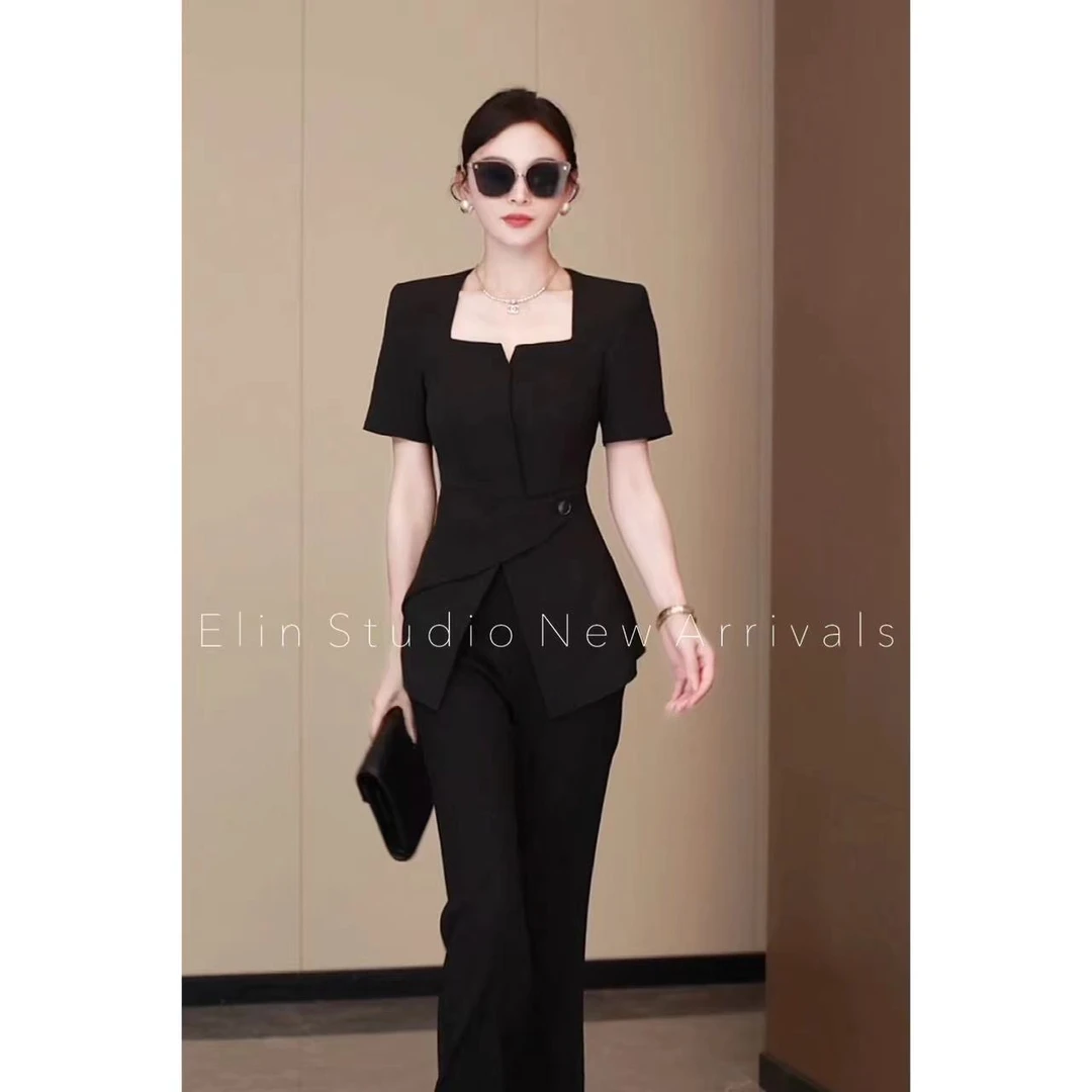 一琳Elin 【简】设计款时尚夏季显瘦设计款黑色套装XMZH3192