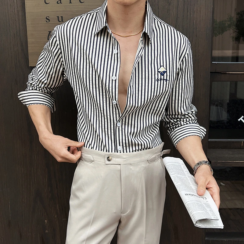 2024秋季高级感条纹衬衫男款时尚字母刺绣泡泡纱衬衣宽松外套上衣