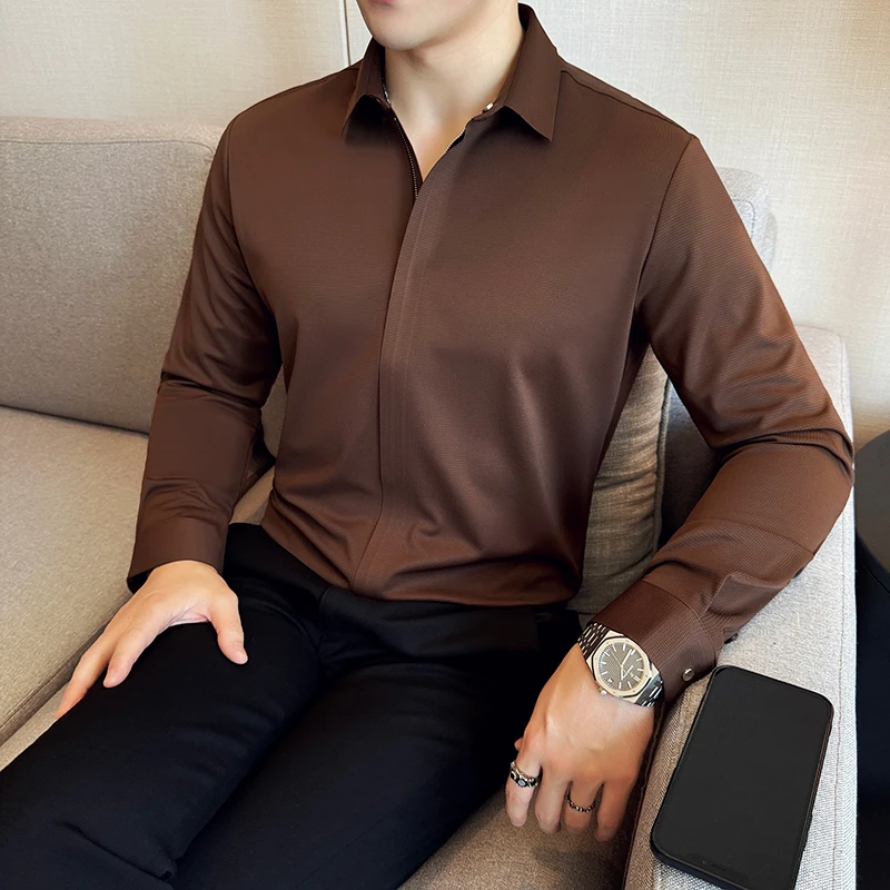 高级感免烫无痕休闲商务垂感修身弹力衬衫秋季拉链纯色长袖衬衣男