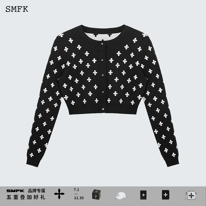 SMFKGarden花园双面开衫/黑白UT024BW十字花短款针织外套双面印花
