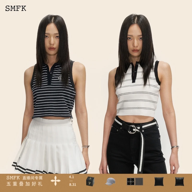 SMFK复古学院翻领背心黑条纹 UTK013BSP 无袖休闲百搭