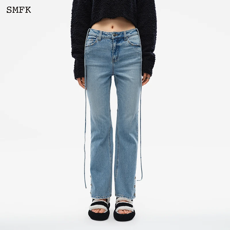 SMFK绑带牛仔裤直筒裤阔腿宽松复古风时尚显瘦百搭UJ004DB 2色