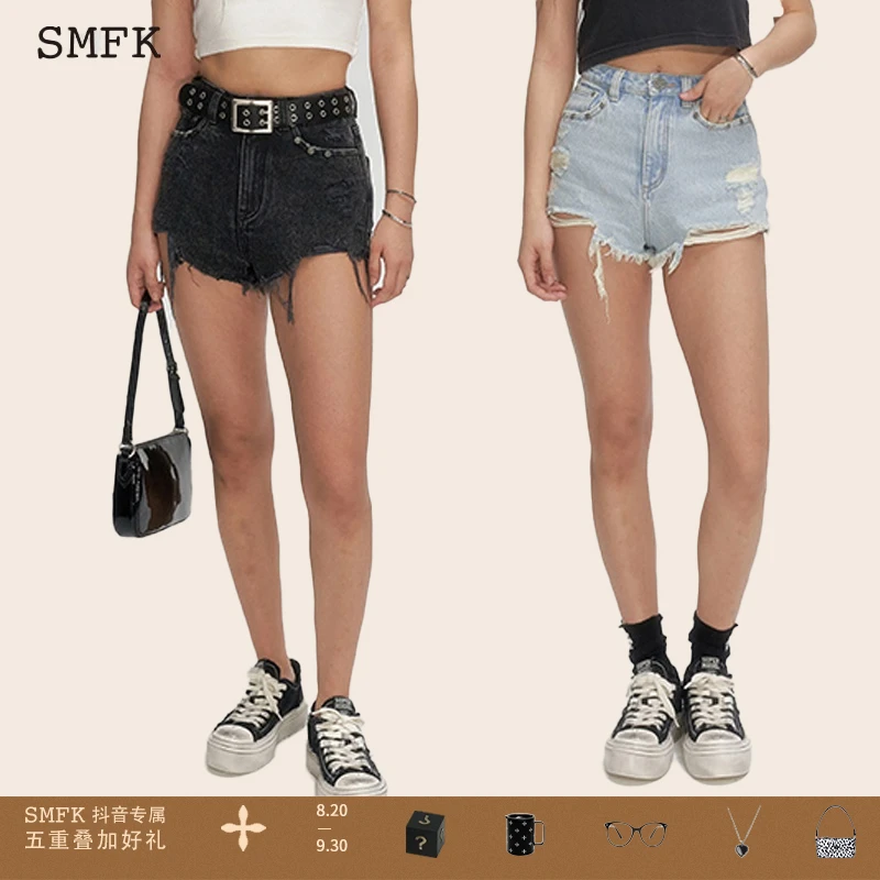 SMFK荒野摇滚牛仔短裤 USJ05GY 做旧高腰修身热裤 2色可选
