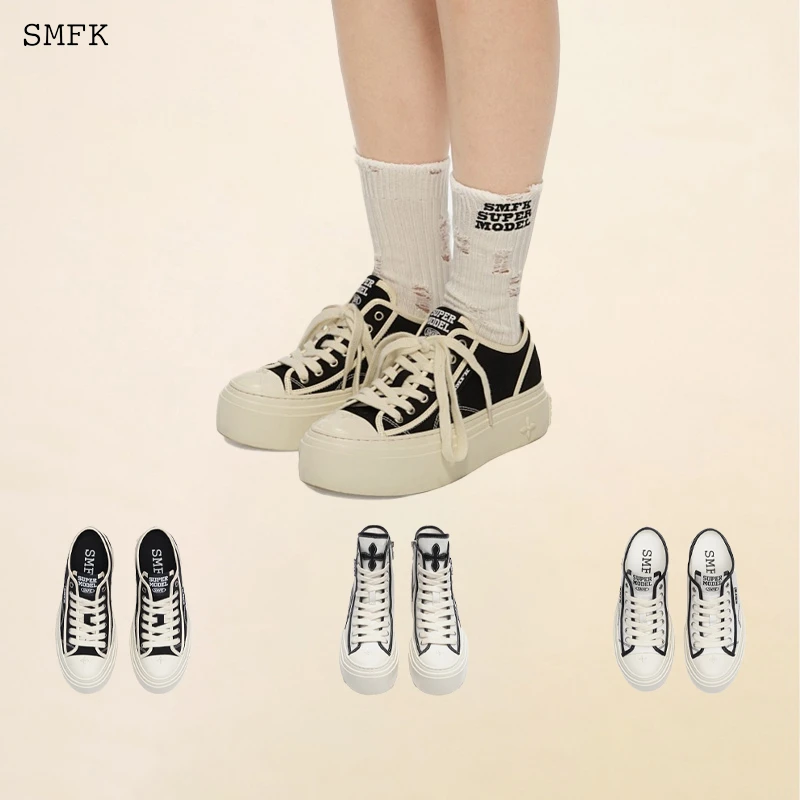 SMFK春款黑白色帆布鞋运动高低帮厚底增高于文文S0001BP 4款可选