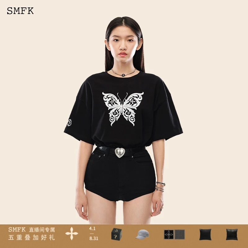 SMFK十字凤尾蝶阔身Tee CT004BBF 黑色圆领T恤印花百搭