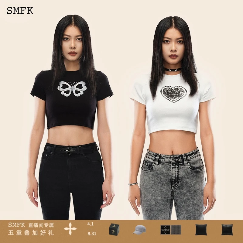SMFK短款T恤美式辣妹街头印花紧身高腰打底休闲女DT005B 2款可选
