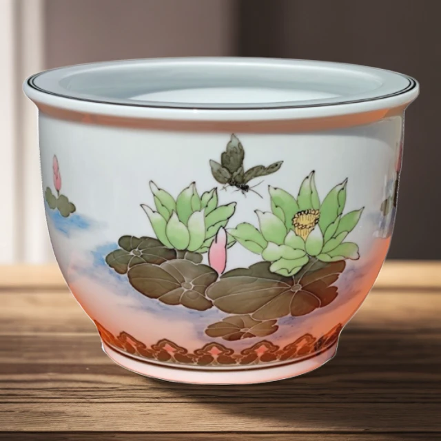 湖南醴陵群力瓷厂釉下五彩手绘蝶恋花中号莲子花缸