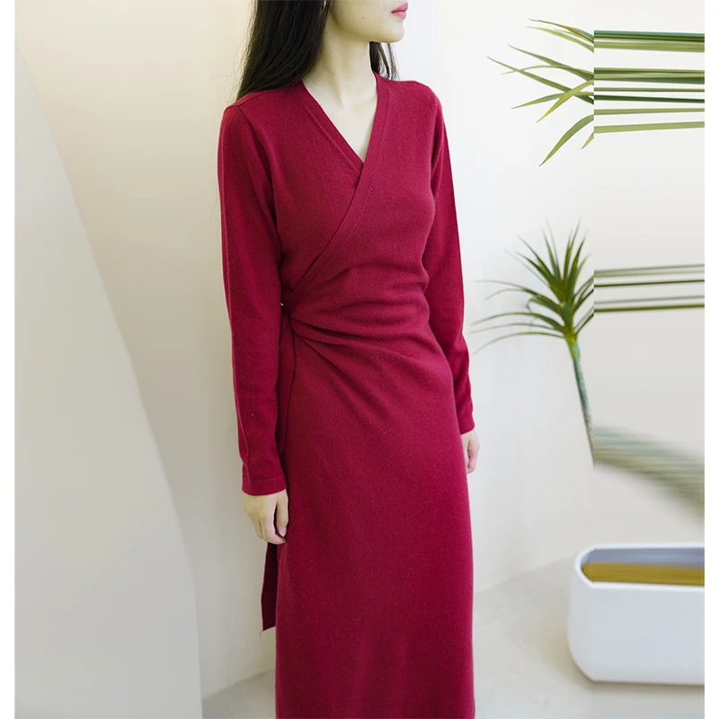 好穿显瘦气质包裹式羊绒针织秋冬连衣裙百搭纯色长袖打底9283-002