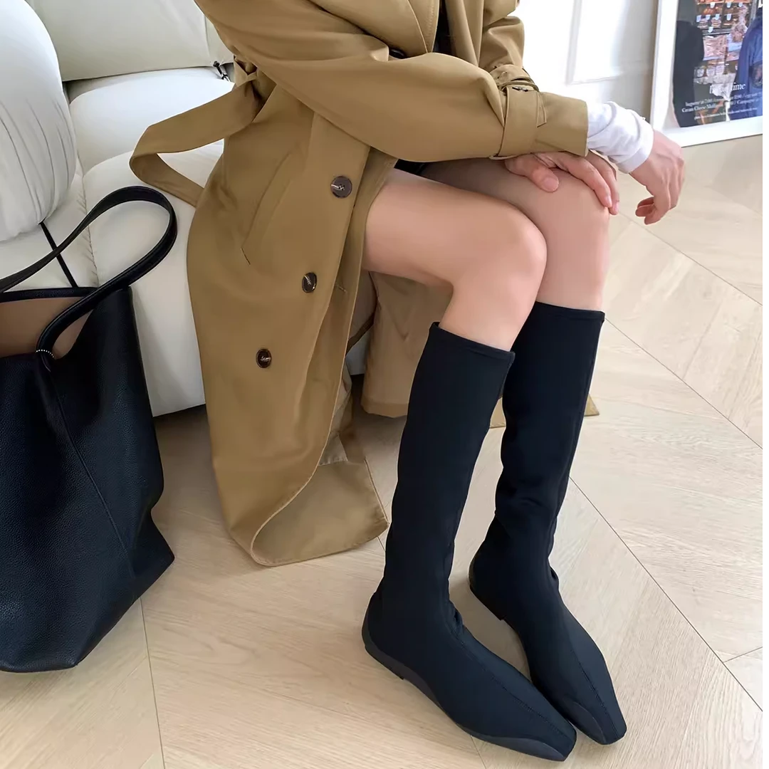 【美靴专家】显瘦弹力袜子靴2024新款针织尖头高筒肯豆堆堆靴长筒靴