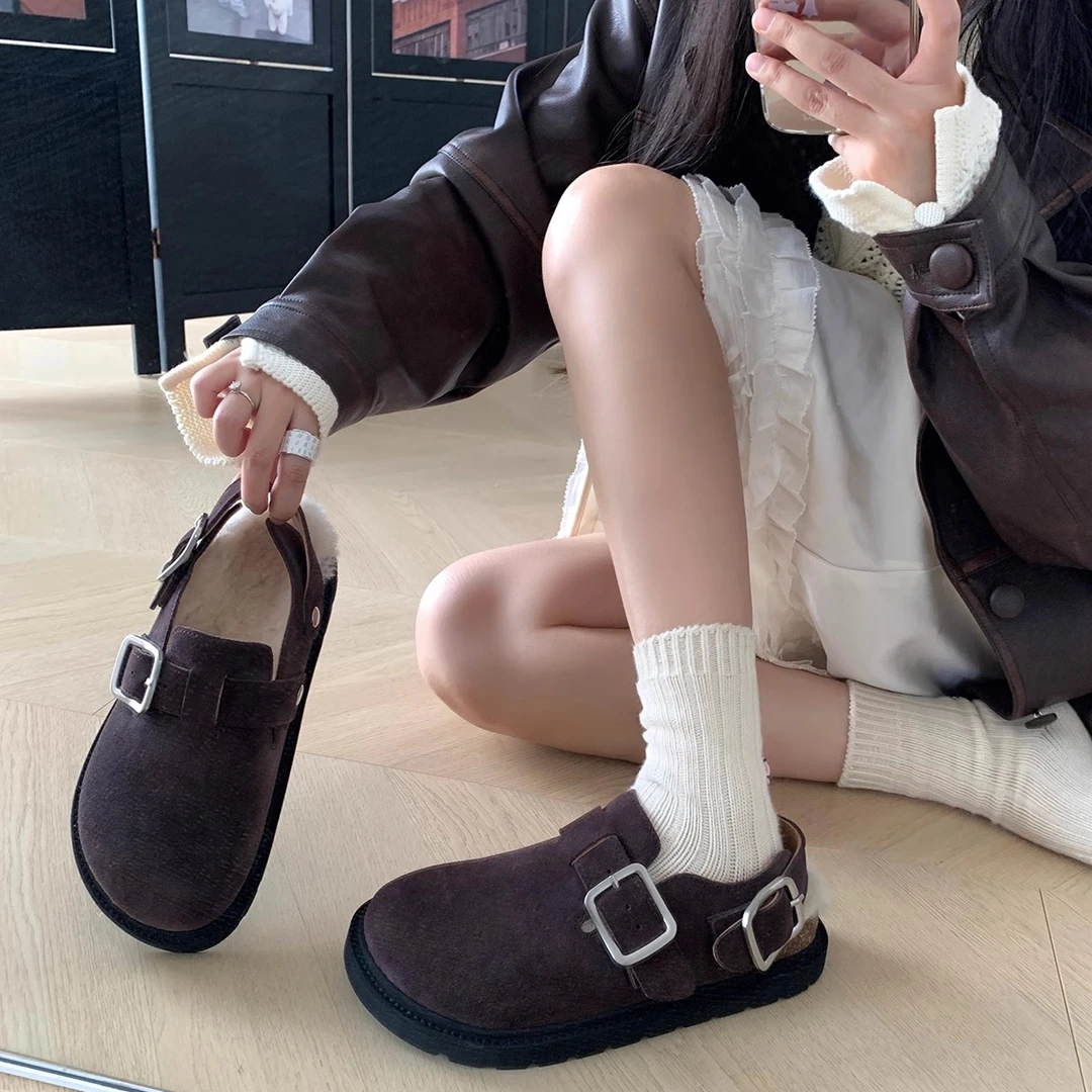 【极简风】勃肯包头凉拖鞋女2024秋冬新款毛毛鞋