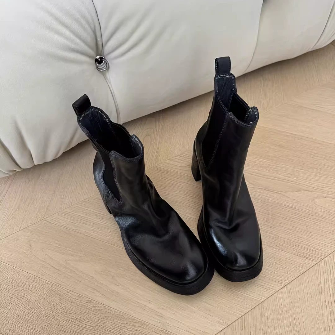 【美靴专家】马皮！增高跟8厘米粗跟短靴女春秋单靴烟筒切尔西小腿靴
