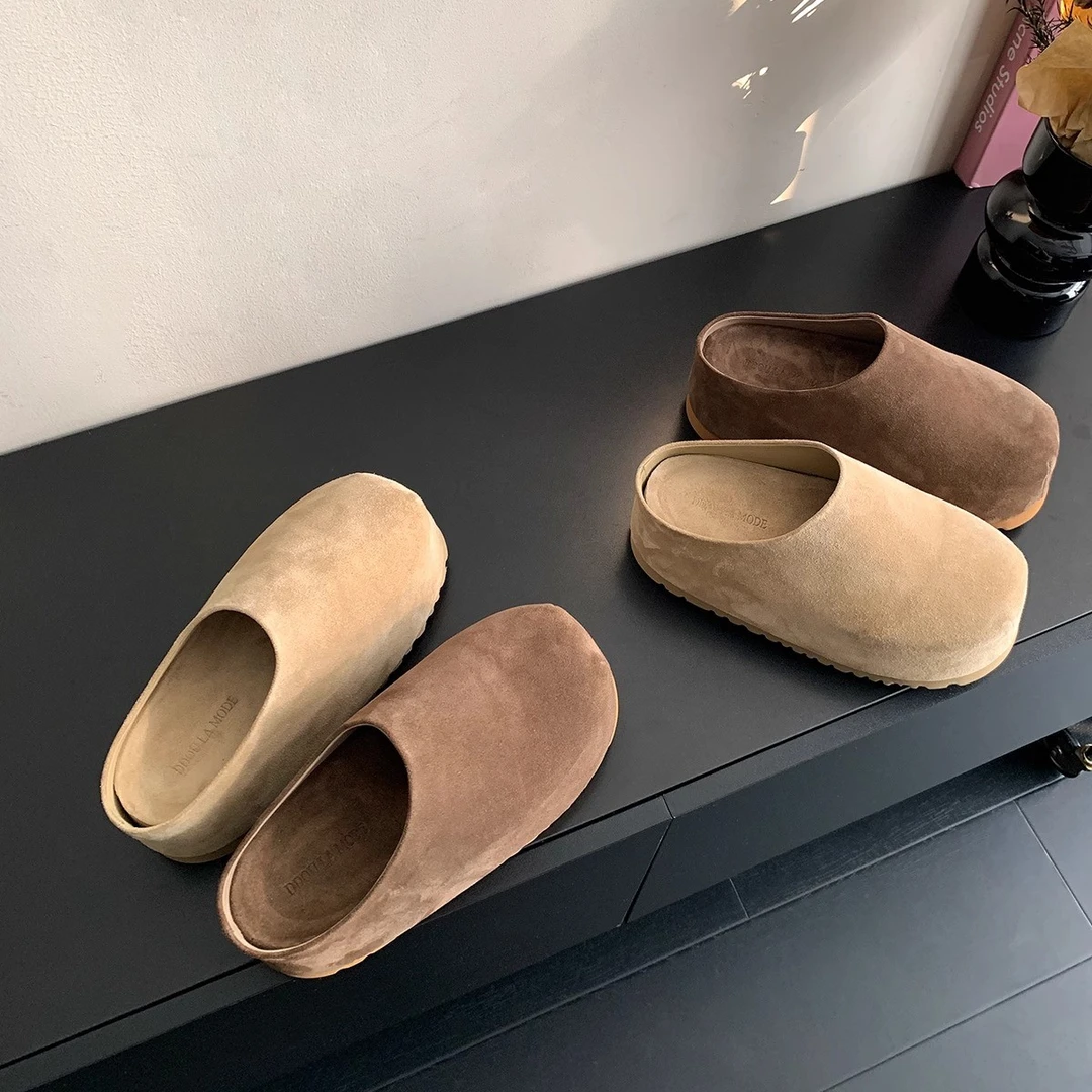 【超厚底】头层牛皮！面包包头拖鞋女外穿2024秋冬新款休闲胖头鞋