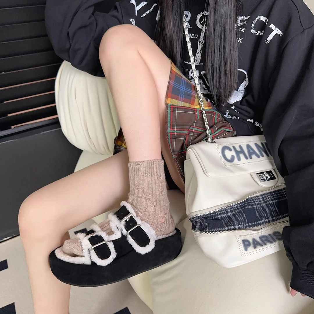 羊皮毛一体毛毛鞋女外穿厚底秋冬季保暖加绒勃肯卡扣一字带毛拖鞋