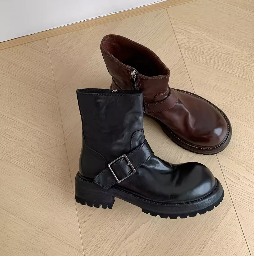 【美靴专家】大头厚底马丁靴女复古百搭圆头2024秋冬真皮英伦风靴子