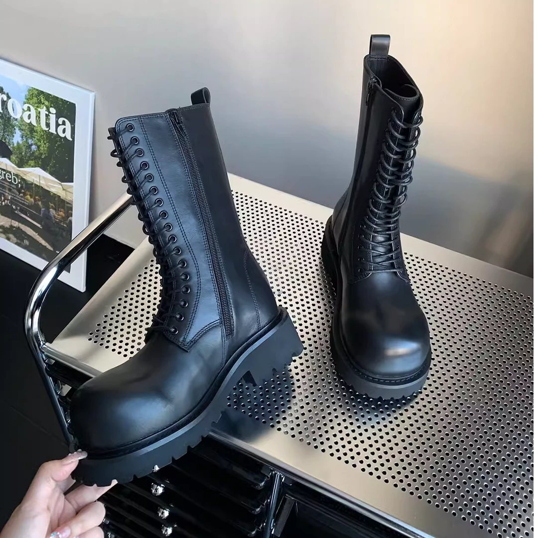 【美靴专家】米奇大头靴子中筒靴真皮厚底中性复古圆头酷飒烟管靴女