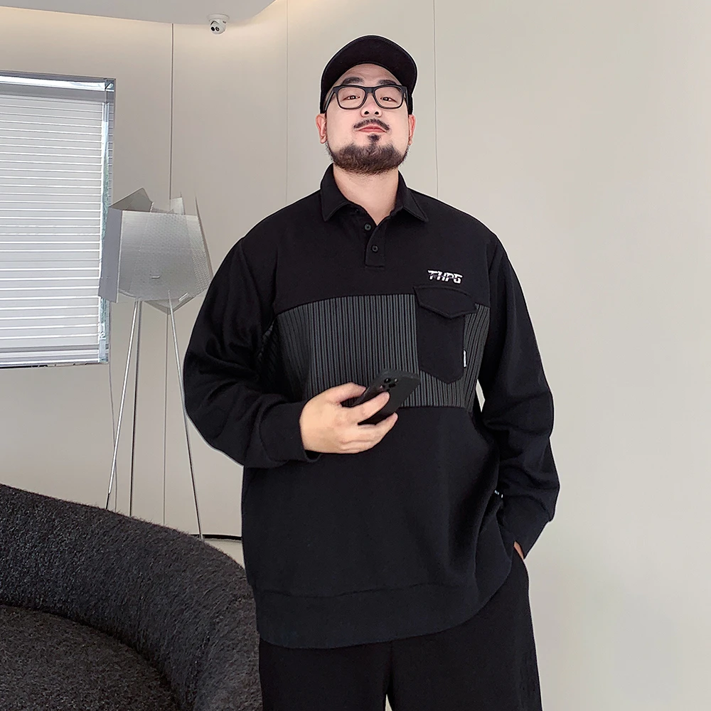 大码男装胖子加肥加大宽松polo领卫衣春秋季肥佬休闲翻领长袖套头