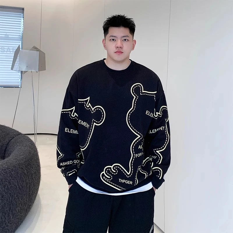 特大码300斤男装胖子加肥加大宽松圆领卡通印花卫衣秋季肥佬上衣