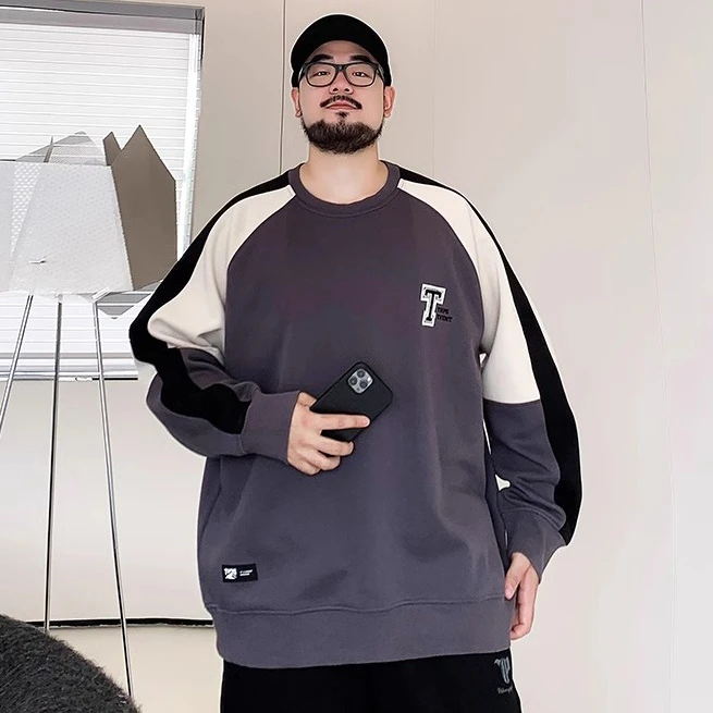 潮牌大码男装秋新款插肩袖拼接圆领卫衣胖子宽松加肥加大休闲百搭