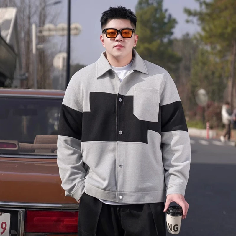 潮牌大码男装春季潮流拼接翻领工装外套胖子宽松休闲撞色百搭夹克