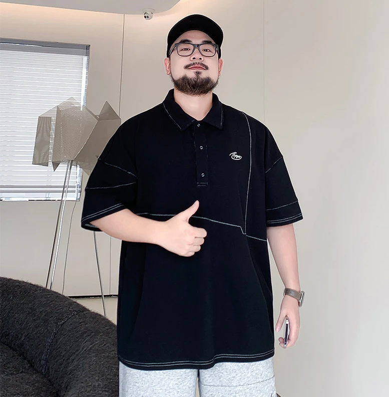 时尚潮牌大码男装夏季明线装饰短袖polo衫百搭男胖子宽松休闲半袖