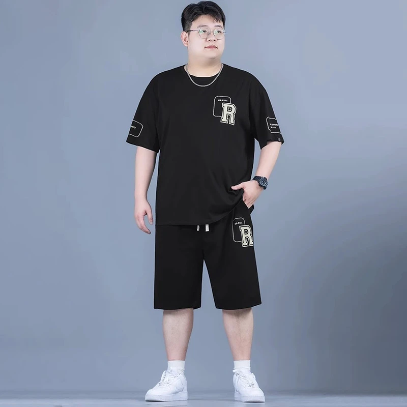 大码套装春夏百搭字母短袖休闲宽松短裤运动套装圆领运动加肥加大