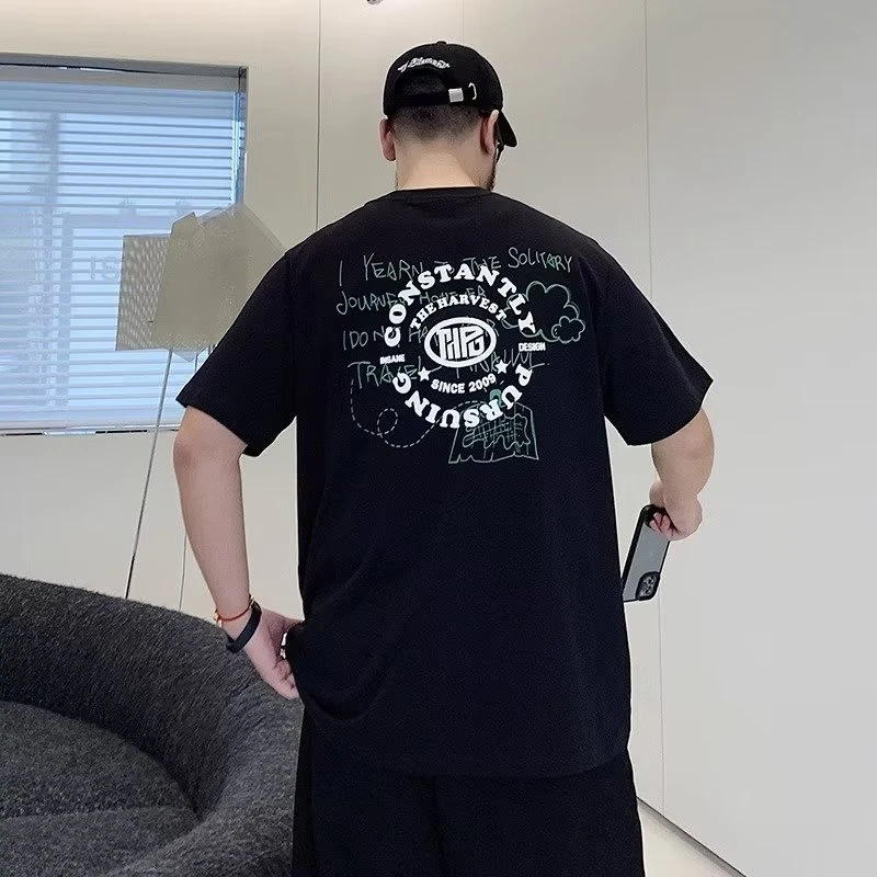 潮牌ins高品质纯棉圆领短袖T恤夏季男胖子加肥加大码休闲印花上衣