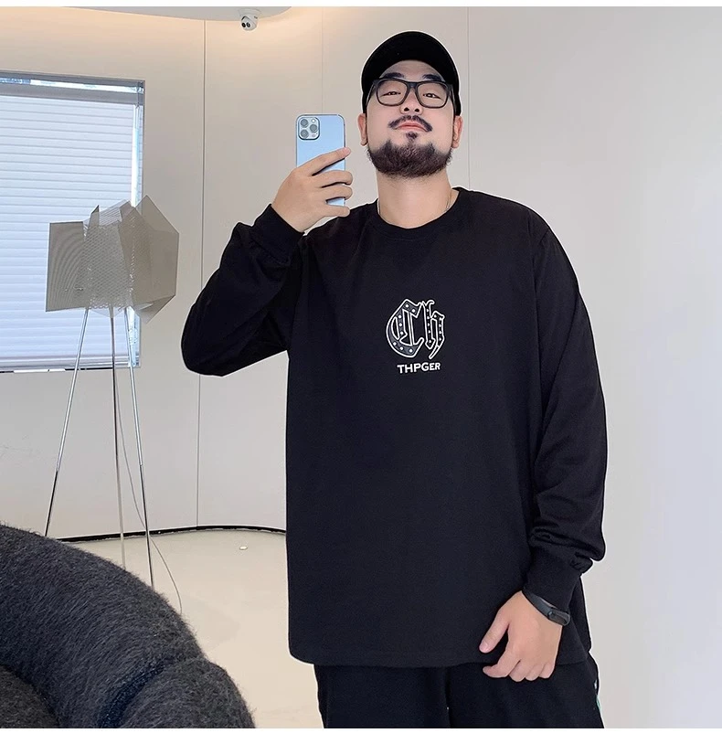 春秋季纯棉圆领长袖T恤男胖子加肥加大码潮流宽松休闲套头打底衫