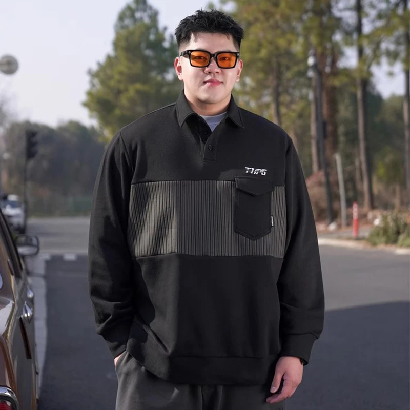 时尚潮牌大码男装春季宽松休闲polo领卫衣胖子加肥加大长袖套头衫
