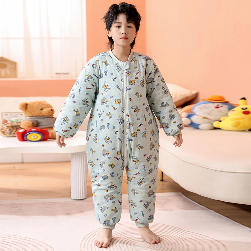 儿童连体睡衣纯棉睡袋男童女童中大童家居服夹棉加厚小孩防踢被冬