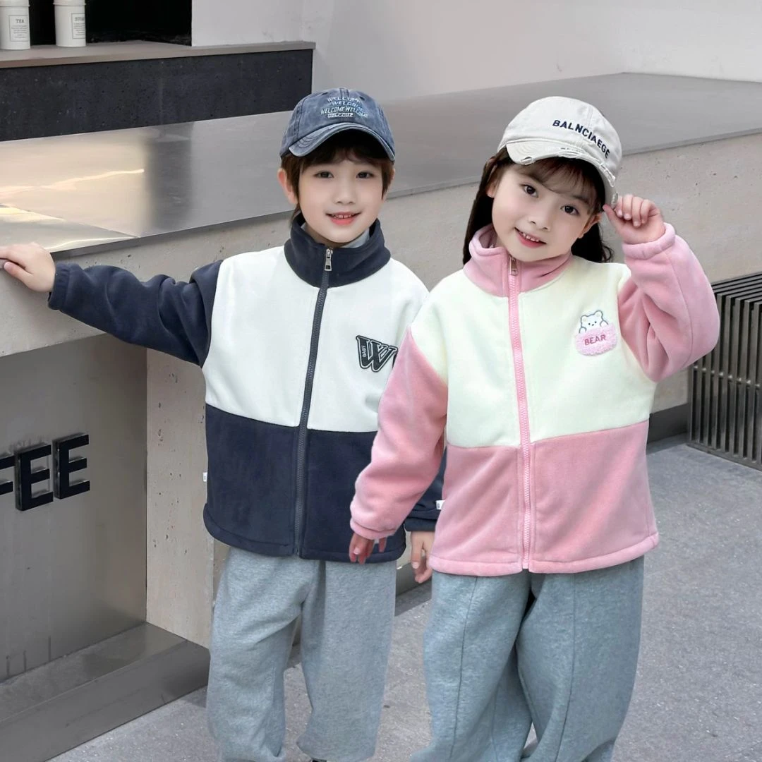 秋冬新款男女童外套休闲奥粒绒加厚外套立领加绒保暖校服神器上衣