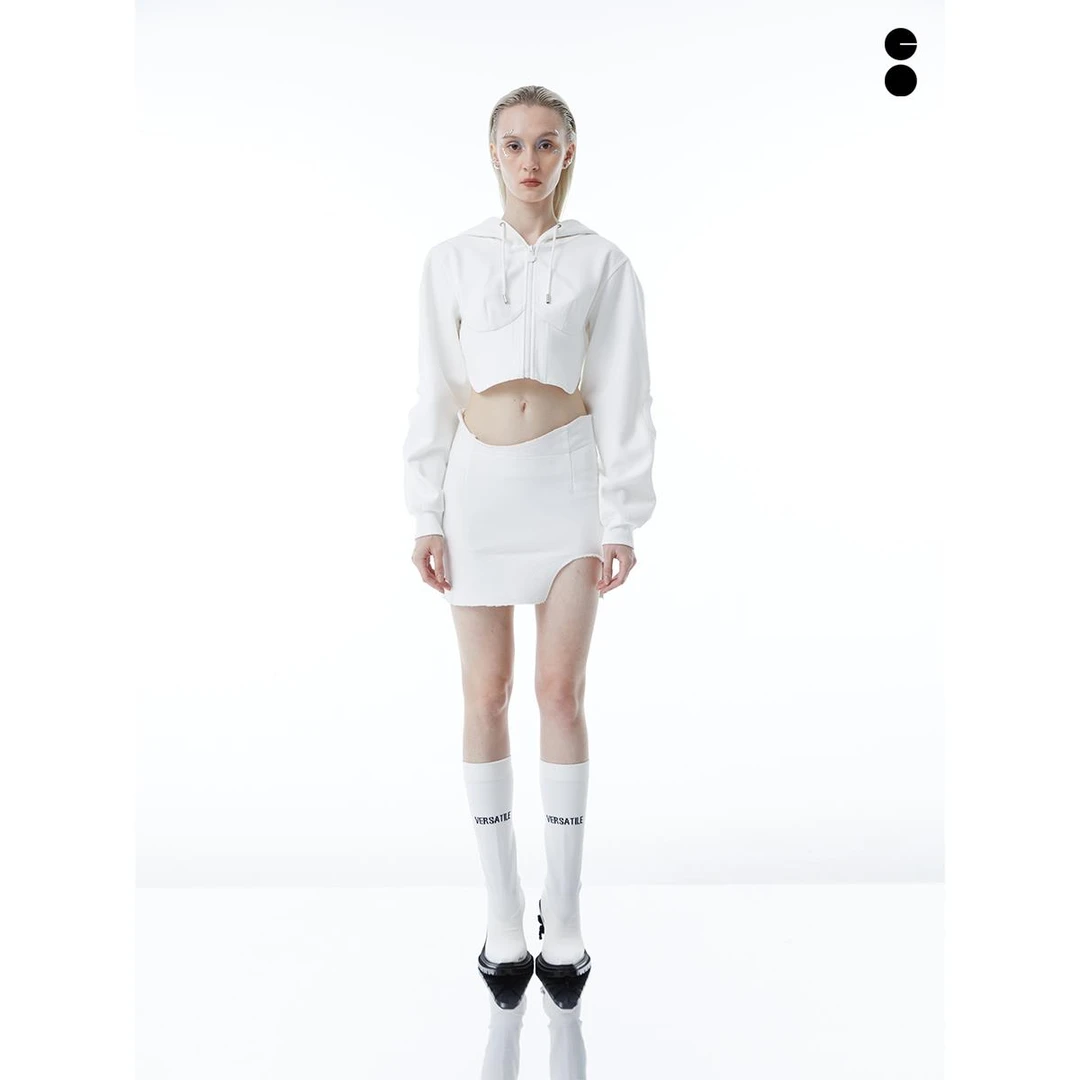 CLUET 秋冬复古机能风时尚收腰露脐短款休闲运动连帽卫衣黑白