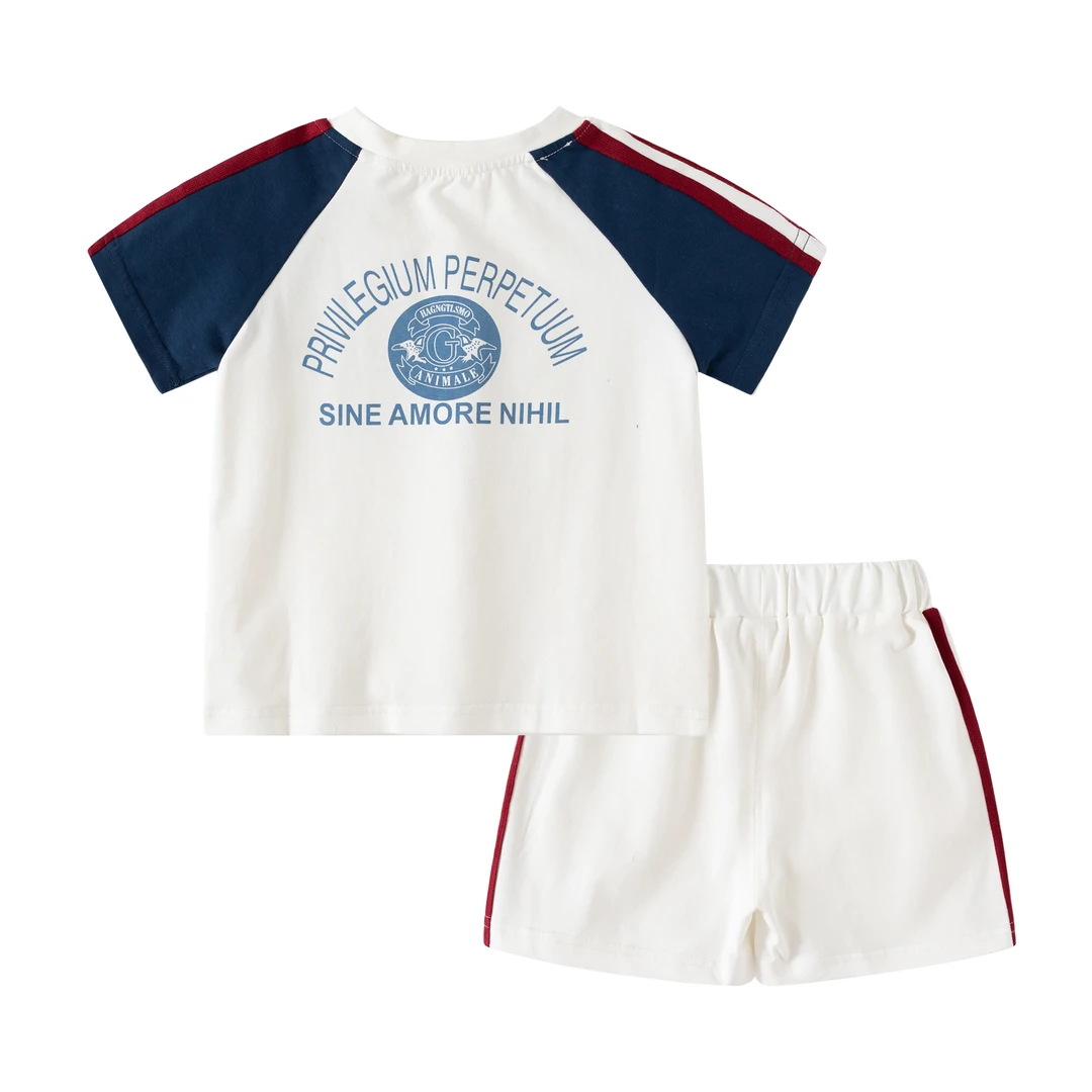 夏季新款男童休闲套装短袖拼色套头T恤短裤婴童二件套帅气时尚