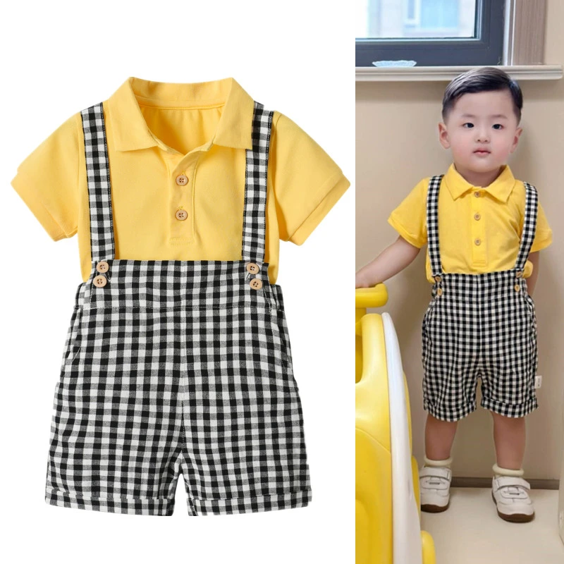 夏季男童短袖套装黄色polo领T恤黑白格子背带短裤帅气生日拍照服