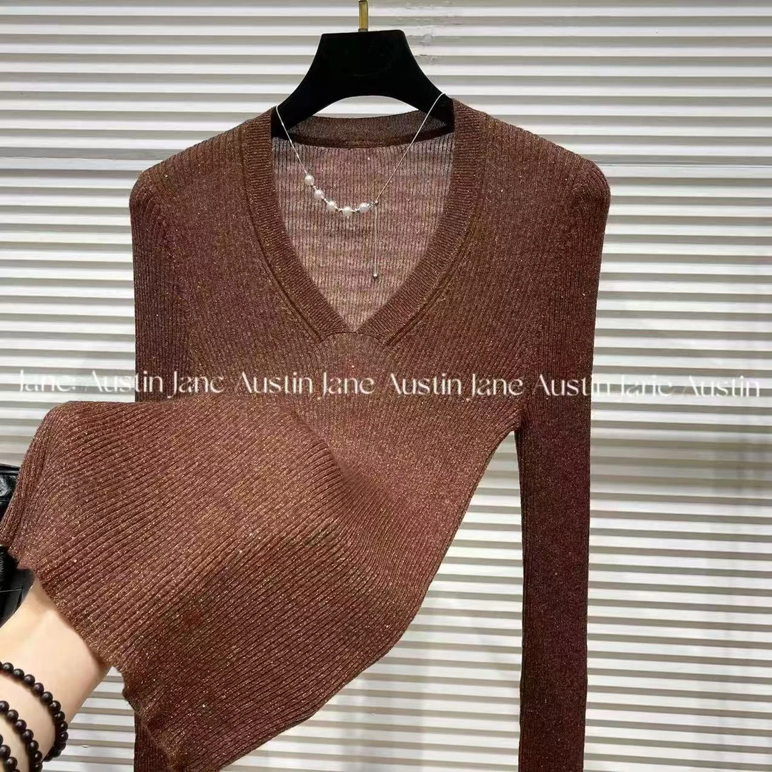 Jane Austin •（扶摇）秋冬新款显瘦长袖水晶纱修身圆领毛衣女