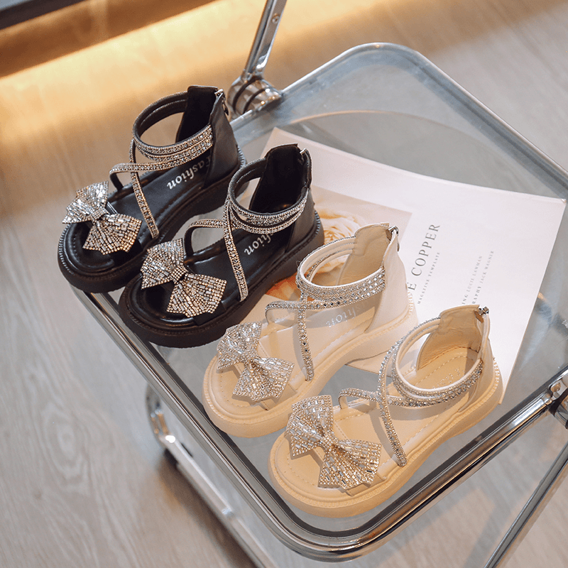 女童凉鞋2024夏季新款女宝宝软底水钻蝴蝶结公主鞋小女孩露趾凉鞋