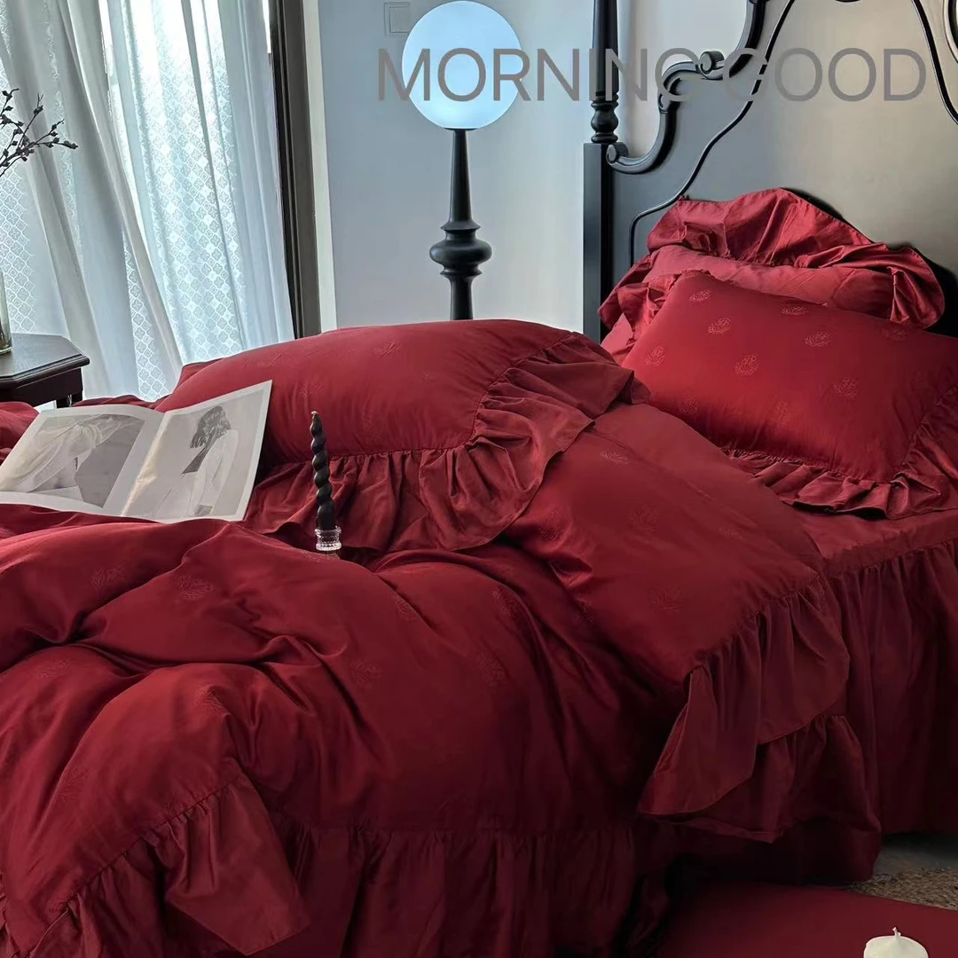 【MORNING GOOD】红色定制专版120支贡缎澳棉天丝棉提花床裙花边款