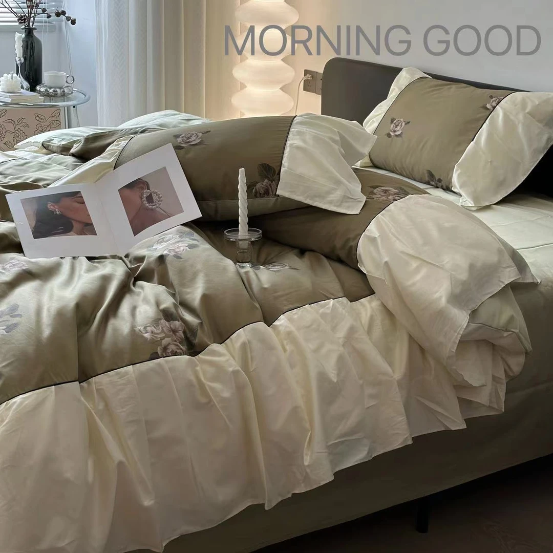 MORNINGGOOD全棉100支长绒棉贡缎法式床单美式中古风四季款四件套