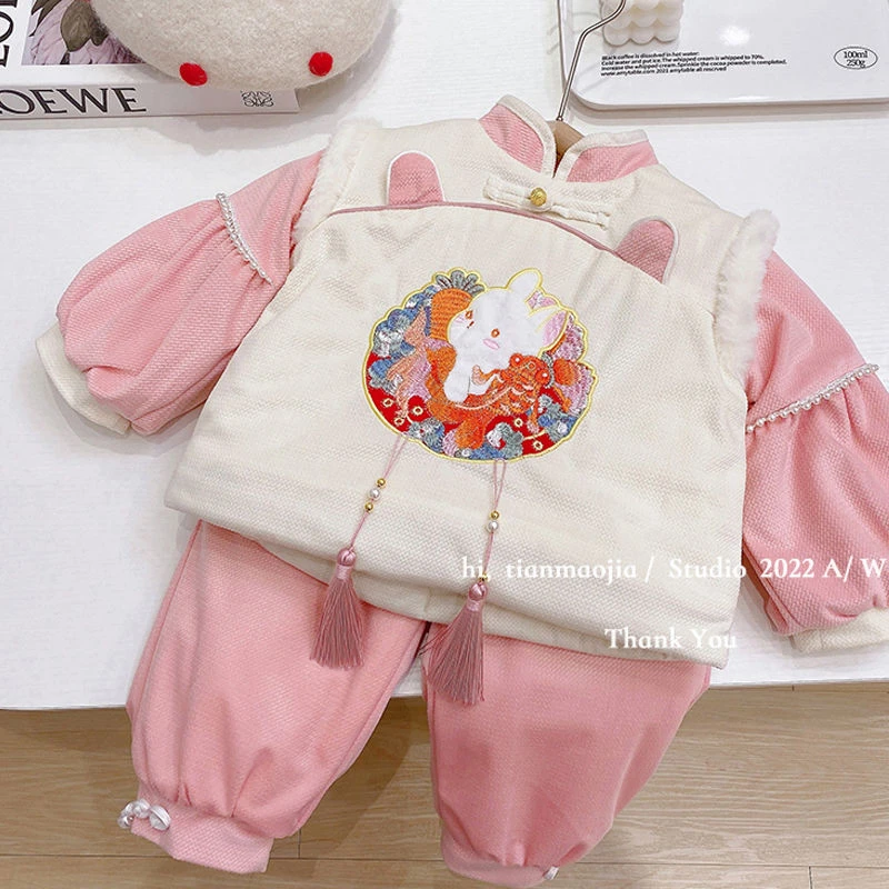 女童冬装新年套装加绒加厚中小童拜年服儿童古风汉服宝宝抓周衣服