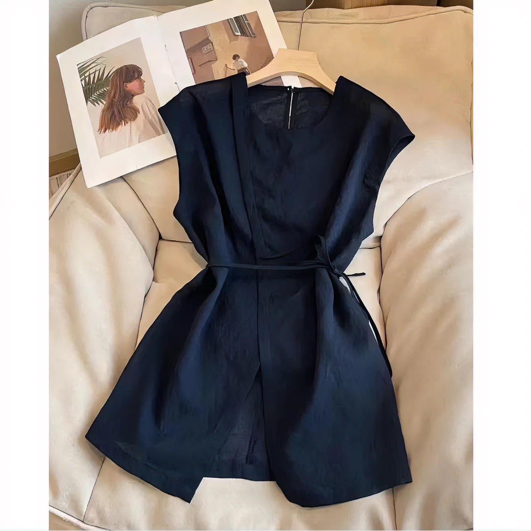 韩系收腰无袖小衫设计感开叉纯色系带上衣5859