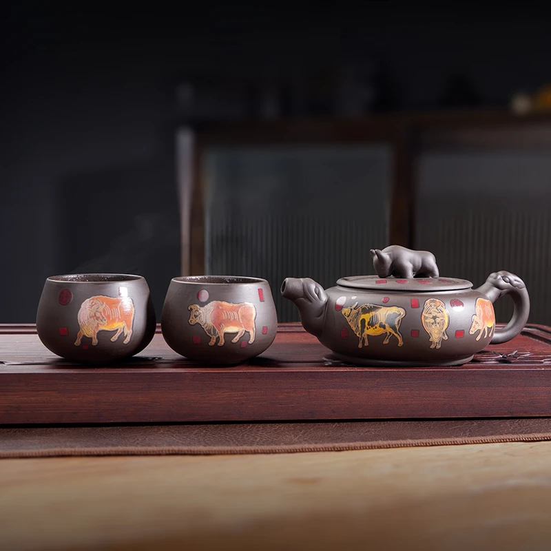 紫砂牛转乾坤变色一壶两杯