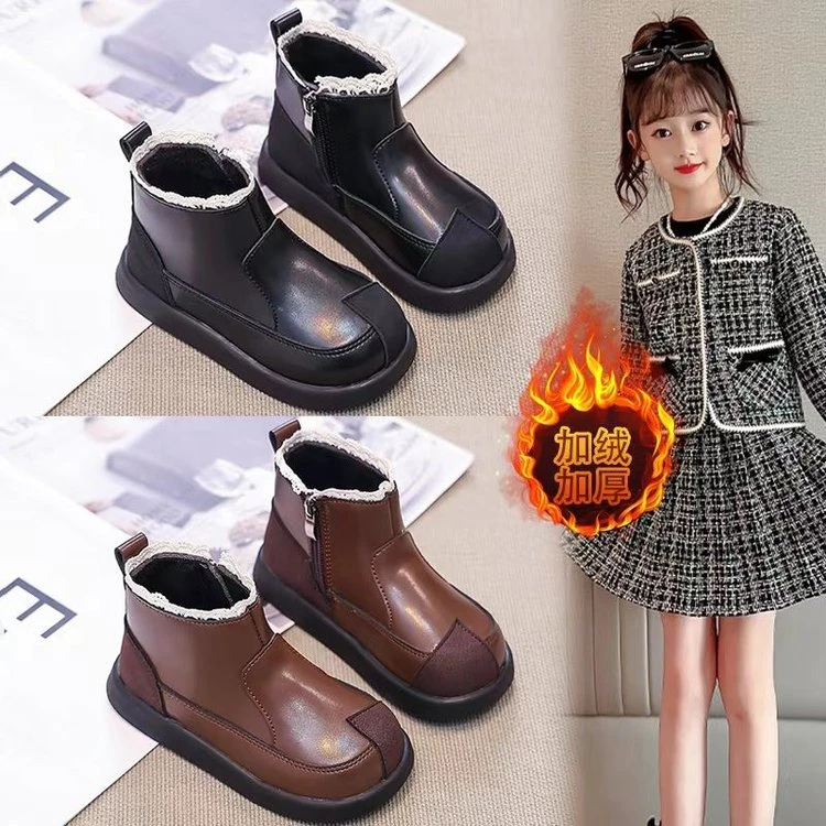 女童短靴加绒2024秋冬二棉软底马丁靴潮女宝宝蕾丝边大棉公主靴子