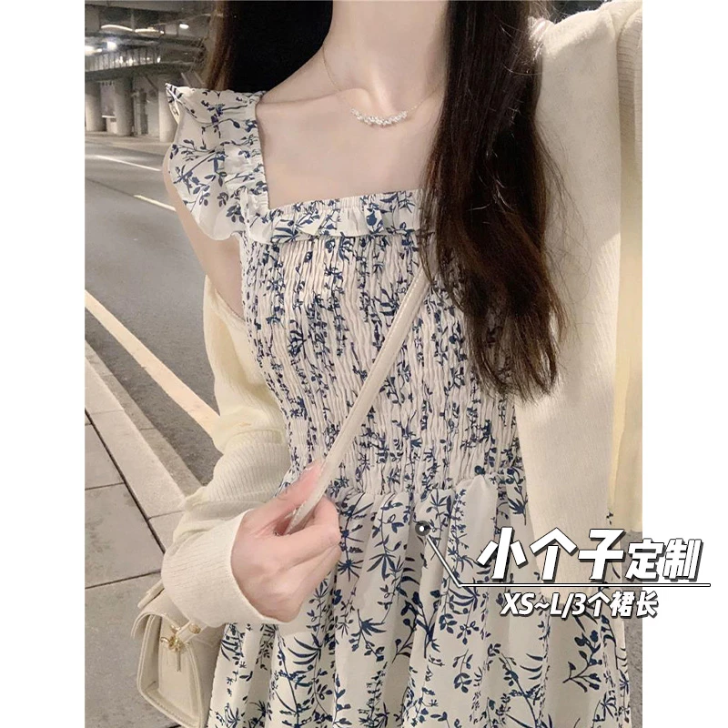 法式碎花方领吊带连衣裙女夏150小矮个子高级感收腰显瘦a字中长裙