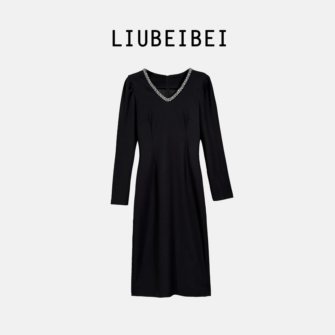 LIUBEIBEI2024秋季新品长袖V领连衣裙修身显瘦8309