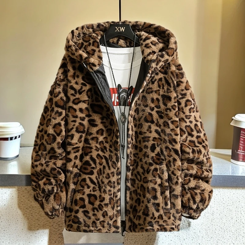 秋冬季棉衣外套复古豹纹青少年嘻哈风宽松加绒加厚连帽棉袄棉服潮