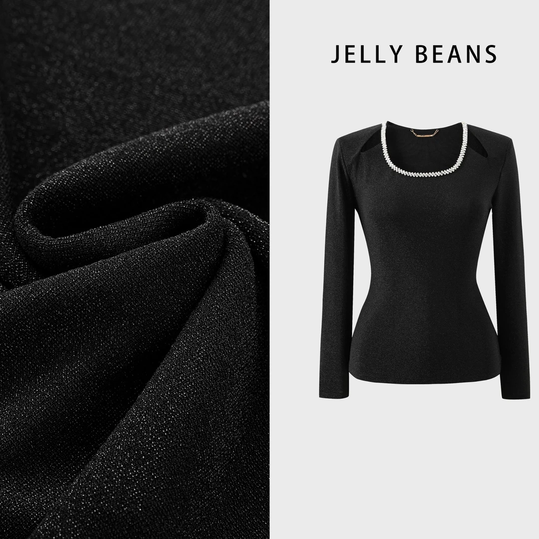 JELLY BEANS【月朗星稀】长袖重工T恤显瘦领口选镶钻女士黑色修身