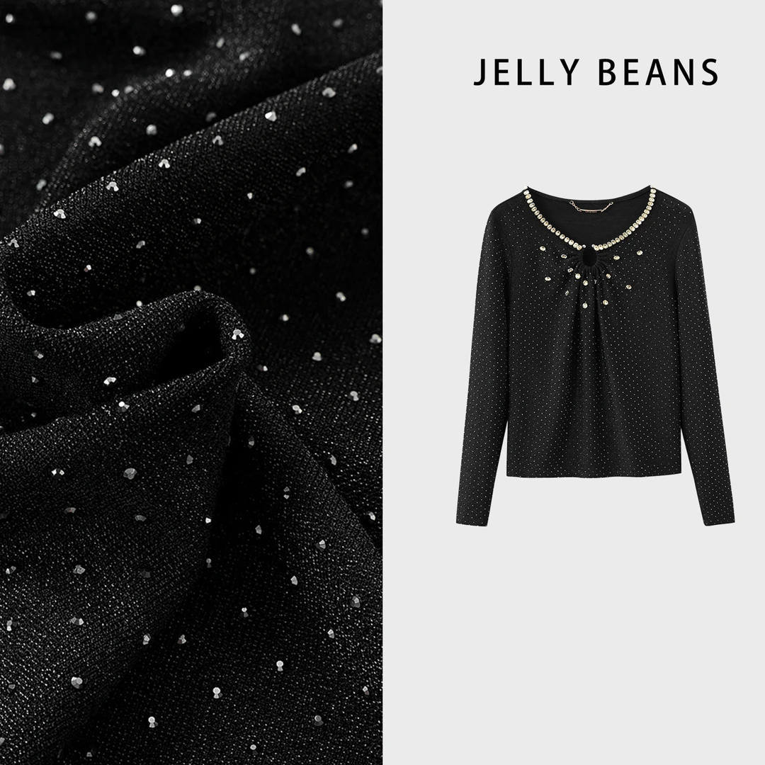 JELLY BEANS【璀璨星河】气质长袖针织短款时尚黑色设计师修身设计