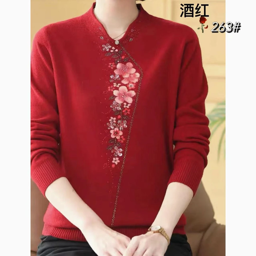 范范家【锦上添花】新中式雪尼尔一体绒烫钻绣花妈妈品质毛衣263