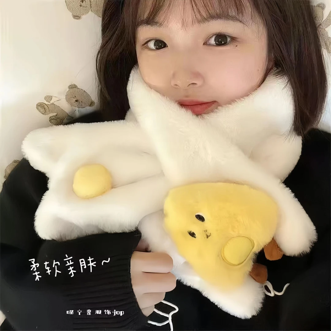卡通韩版可爱创意立体芝士公仔围巾加厚秋冬保暖少女交叉毛绒围脖