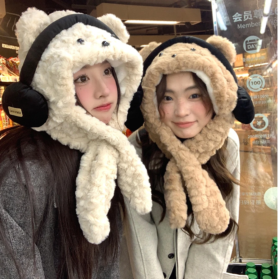 可爱耳机小熊帽子围巾一体冬季保暖加绒加厚围脖护耳雷锋帽