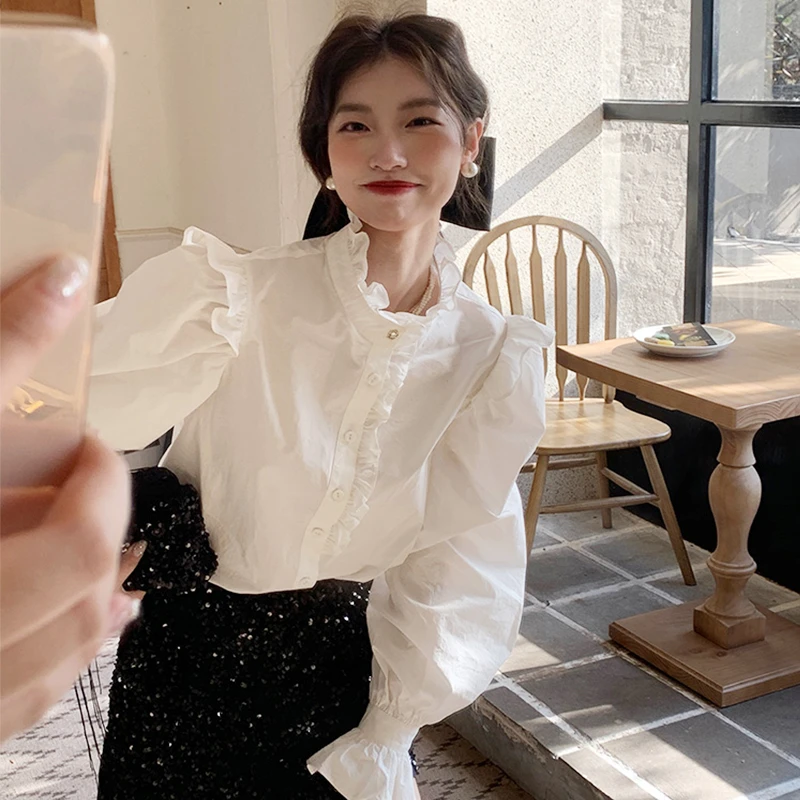 法式气质立领白色衬衫女夏季2025新款设计感泡泡袖衬衣小个子上衣